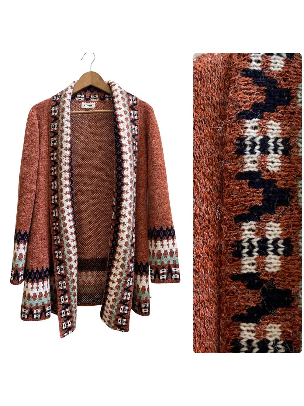 Adora Knit Tribal Border Print Shawl Collar Open Long Cardigan S/M Boho Western